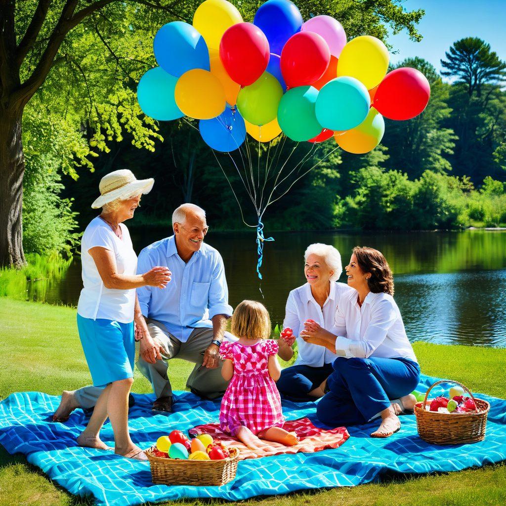 A vibrant family portrait enjoying various outdoor activities in Becker County, featuring a scenic lake backdrop, children splashing in the water, parents setting up a picnic, and colorful balloons drifting in the sky. Highlight diverse ages, including grandparents, showcasing joyful interactions. Include local landmarks subtly in the background. super-realistic. vibrant colors. sunny atmosphere.