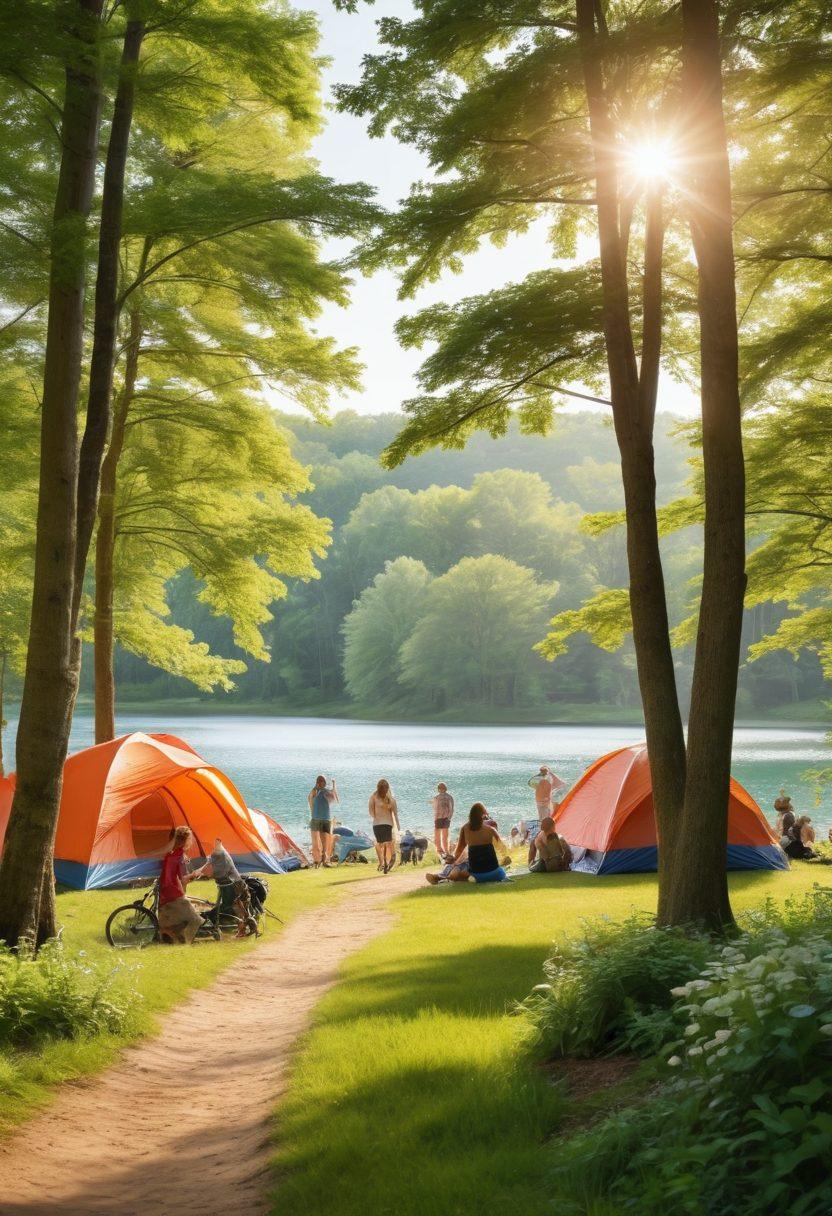 A picturesque landscape of Becker County, showcasing a lively community festival with colorful tents, people engaging in outdoor activities like hiking and biking, and a stunning backdrop of lush forests and sparkling lakes. Capture the essence of fun and adventure in a warm, inviting atmosphere with families enjoying picnics and children playing. super-realistic. vibrant colors. 3D.