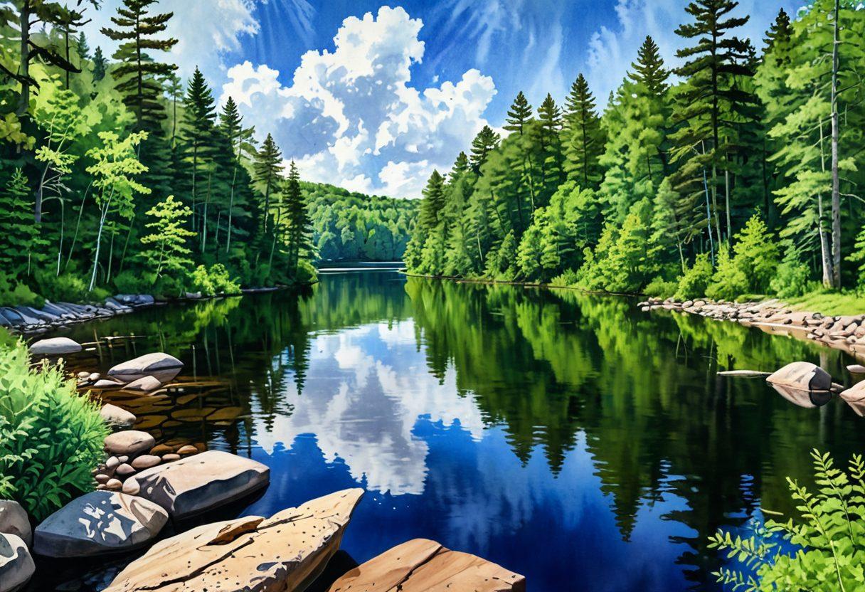 A breathtaking landscape of Becker County showcasing lush forests, sparkling lakes, and rugged hiking trails. Include diverse outdoor enthusiasts engaging in activities like kayaking, hiking, and bird watching, all under a bright blue sky with fluffy clouds. Capture the essence of adventure and exploration in a vibrant, inviting atmosphere. watercolor painting. vibrant colors. natural setting.